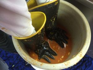 mixture is squished down into the crock to help the brine and natural veggie
juices released.