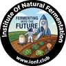 Institute of Natural Fermentation Logo, with a man with a rocketship and a fermenting crock, and motto "Fermenting Into The Future!"
