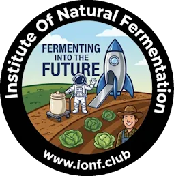 Institute of Natural Fermentation Logo, with a man with a rocketship and a fermenting crock, and motto "Fermenting Into The Future!"